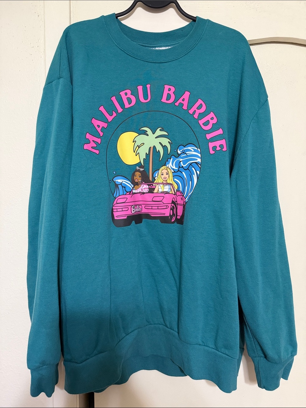 Barbie Teal Malibu Graphic Crewneck Sweatshirt with Pink Car